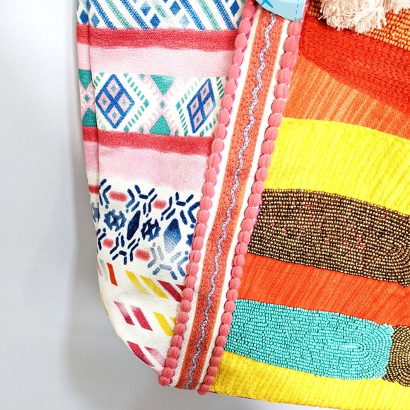 Casey Key Beaded Cotton Boho Bright Rainbow Multicolor Rope Tote Bag Purse - Picture 5 of 12